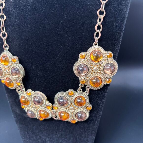 Gold Tone Statement Necklace - Amber Orange Stones - 20" - Bold & Elegant - Picture 3 of 10